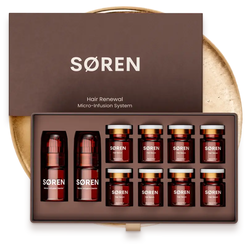 SØREN 2-month supply with micro-infusion devices and serum vials.