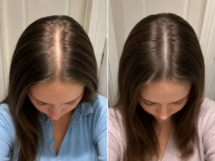 Before-and-after comparison showing fuller-looking hair along the center part.