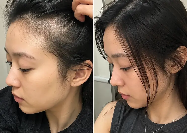 Before-and-after comparison showing fuller-looking hair near the hairline.