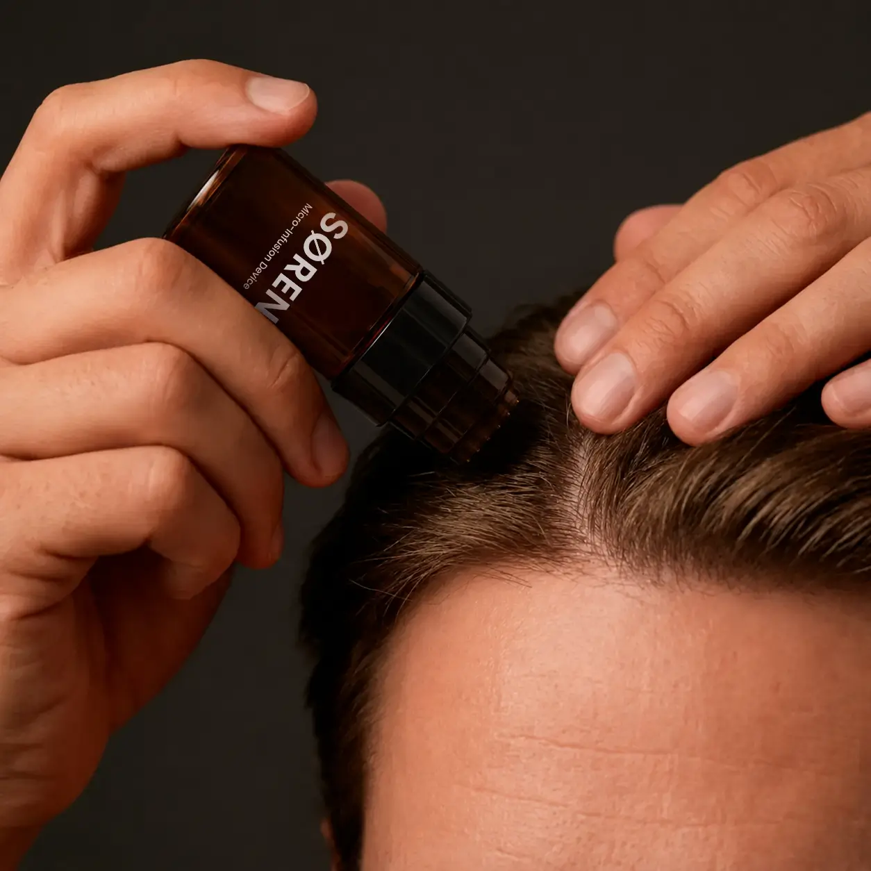 A close-up of a man parting his hair and applying a Søren Micro-Infusion Device to his scalp.