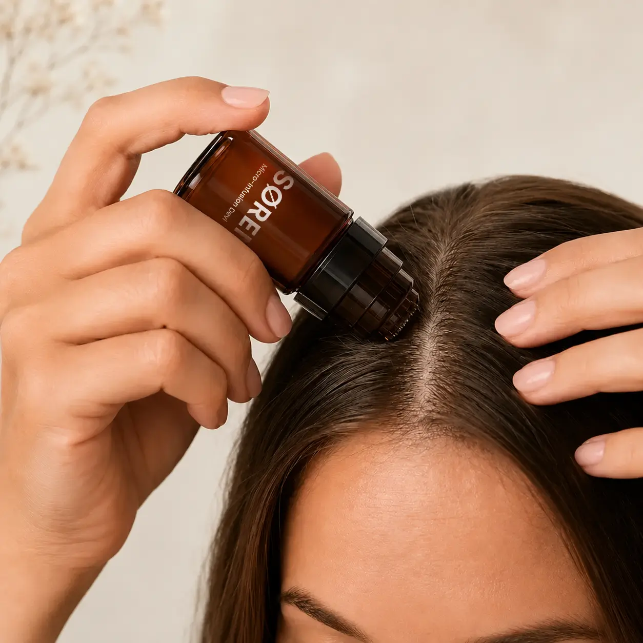 Woman applying the SØREN micro-infusion device along her scalp part.