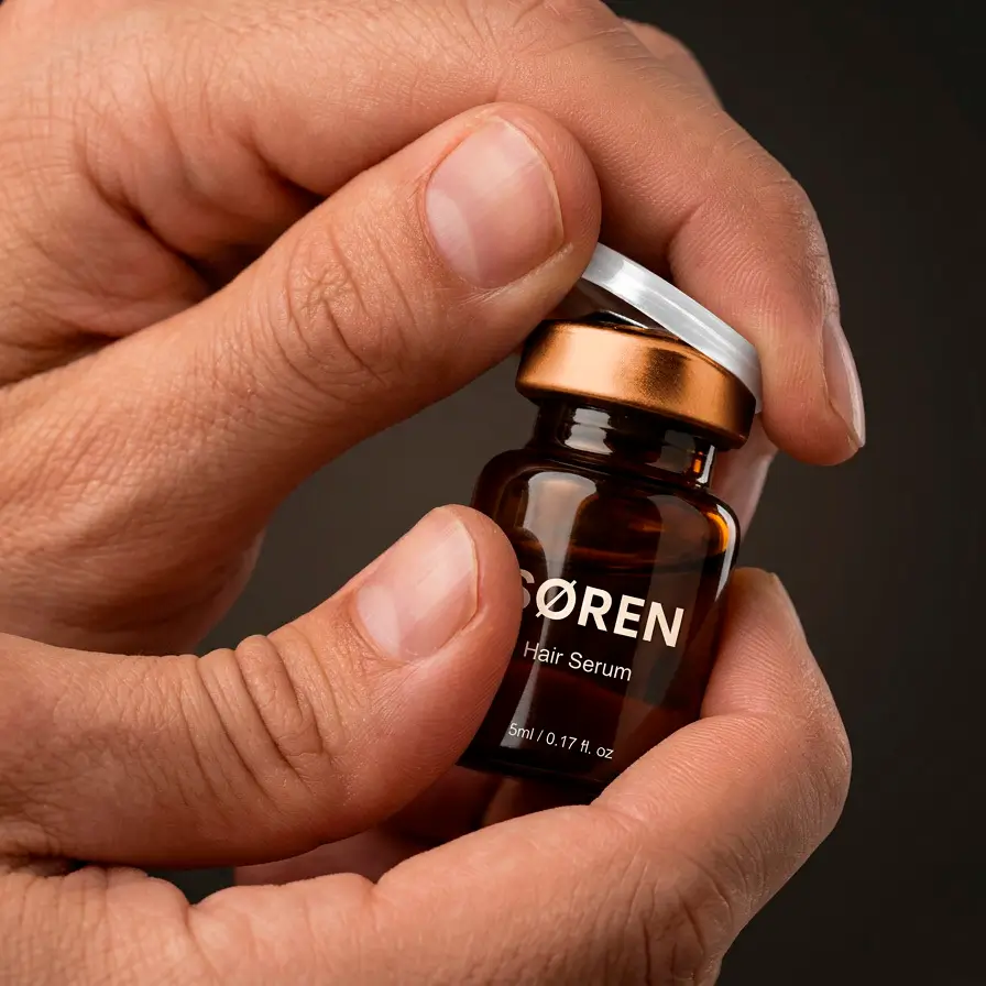 Close-up of hands popping open the protective seal on a SØREN Hair Serum 5ml vial