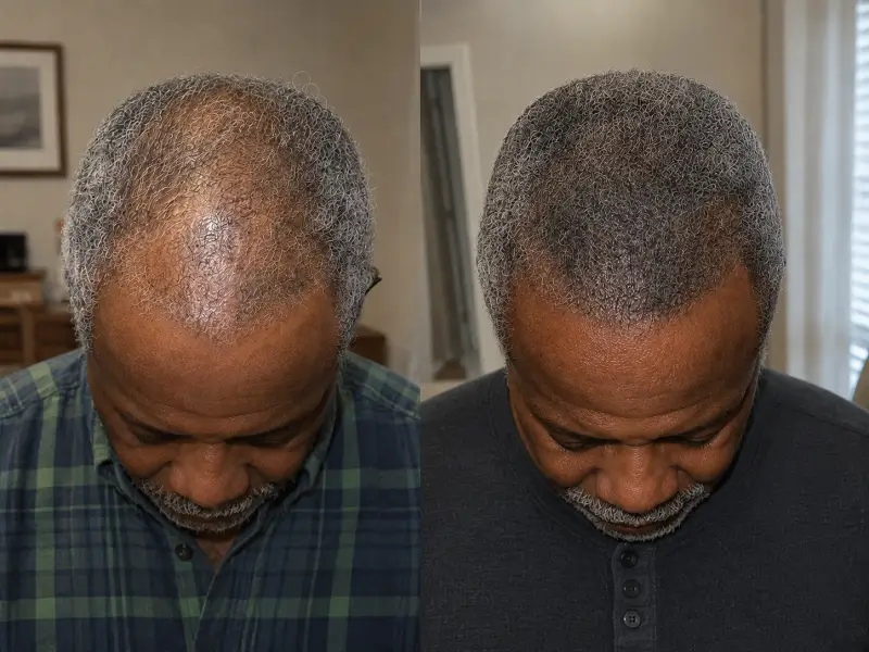 op-down hair views showing denser-looking coverage in the later photo.