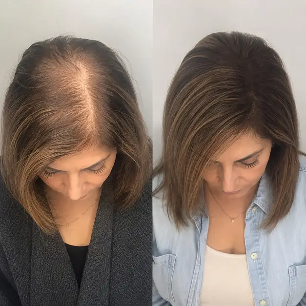 Before-and-after comparison showing fuller-looking hair at the crown and part.