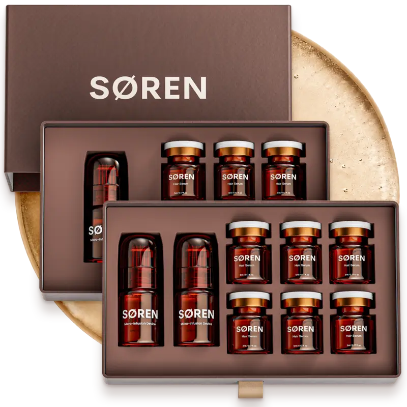 SØREN 3-month supply with micro-infusion devices and serum vials.