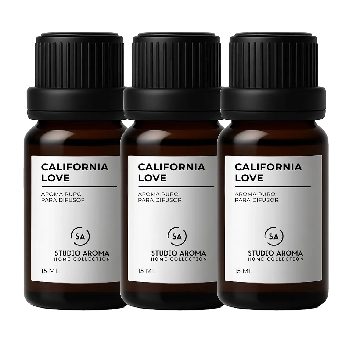 Three brown bottles labeled 'California Love' diffuser oil.