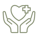 Icon of hands holding a heart with a medical cross.