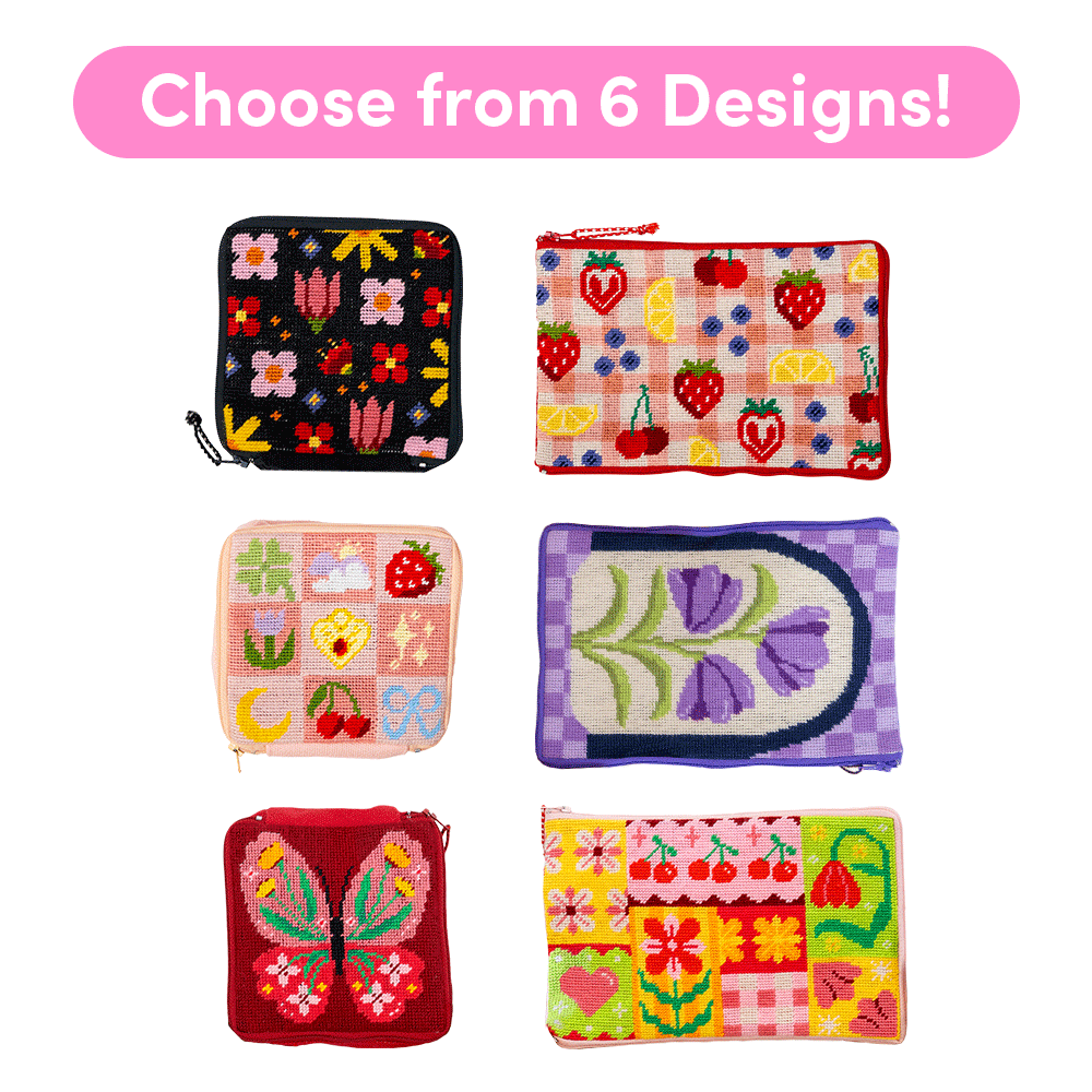 Six colorful pouches with various floral and fruit designs.