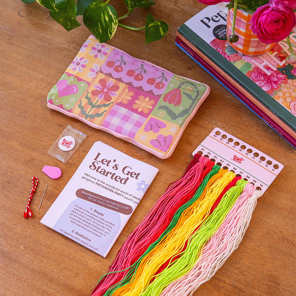 Needlepoint kit with threads, needle, and instructions on a wooden table with books and a plant.