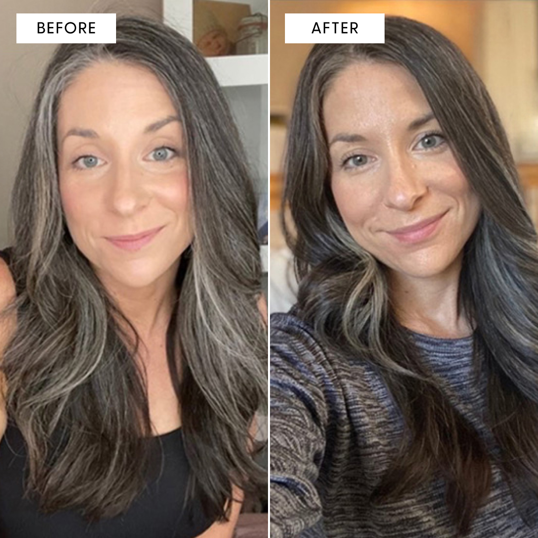 Side-by-side comparison of a woman with grey hair before and after dyeing it darker.