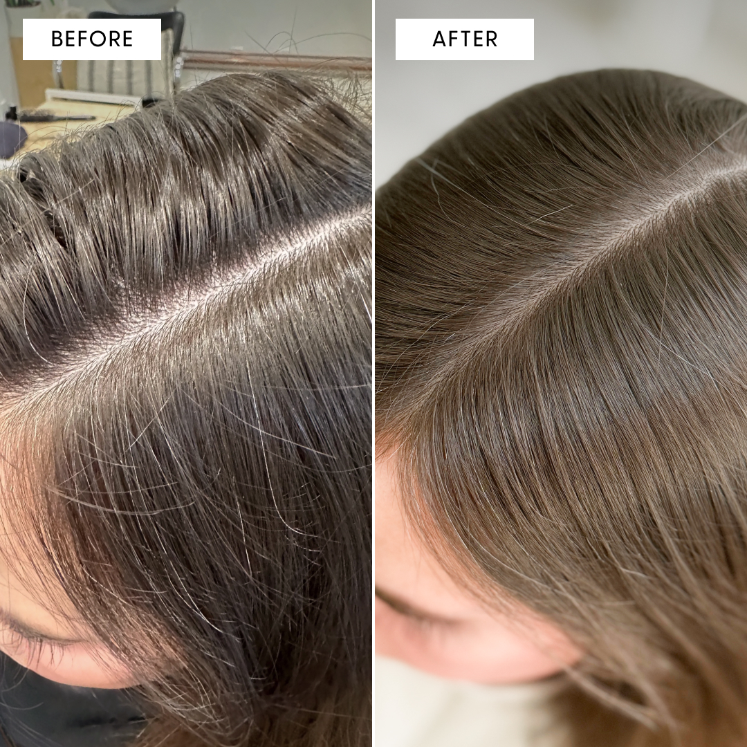 A split-image showing a close-up of hair roots before and after coloring to cover gray hairs.