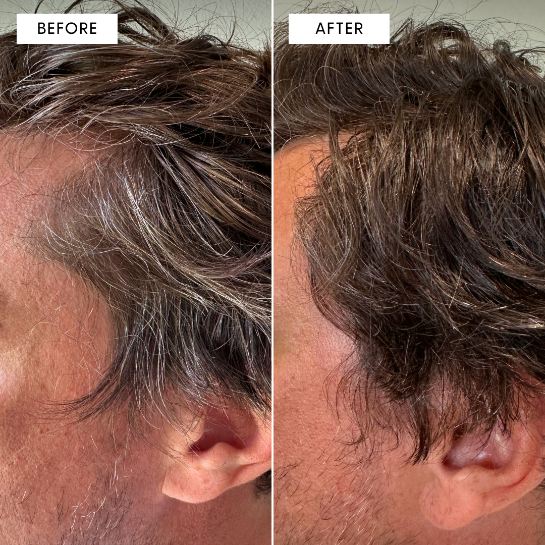 A before and after split-screen image showing a man's grey hair has been colored dark brown.