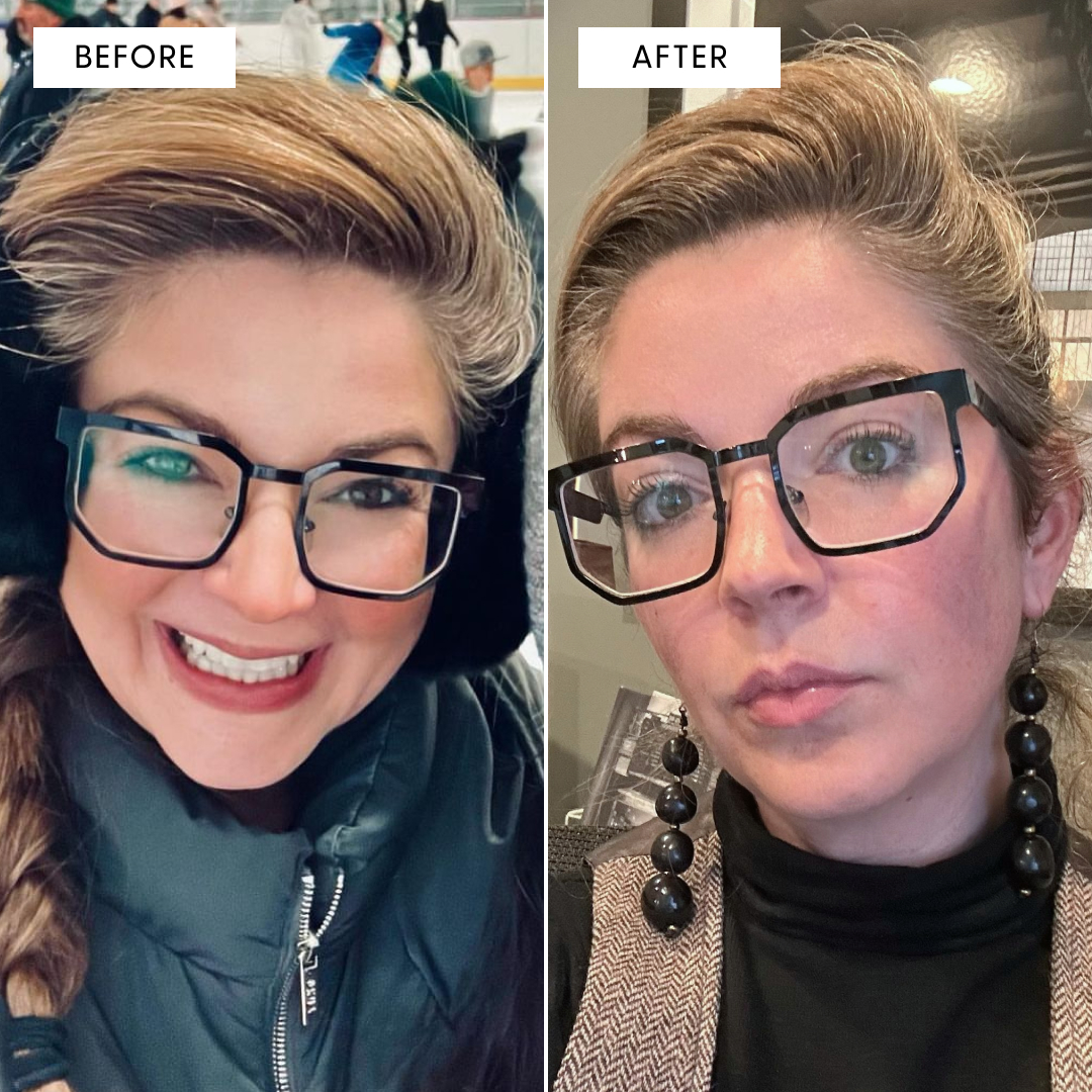 Before and after photos of a person wearing glasses, showcasing hairstyling differences.