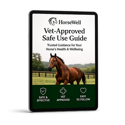 A tablet displaying the cover of the HorseWell Vet-Approved Safe Use Guide, featuring a brown horse.