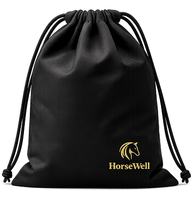A black drawstring bag with a gold HorseWell logo, featuring a horse's head, against a white background.