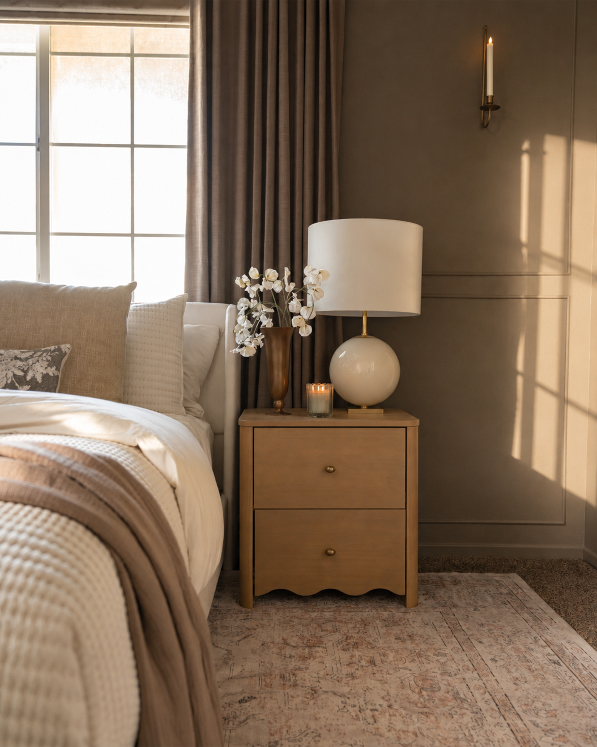 Natural wood, 2-drawer nightstand in a modern bedroom.