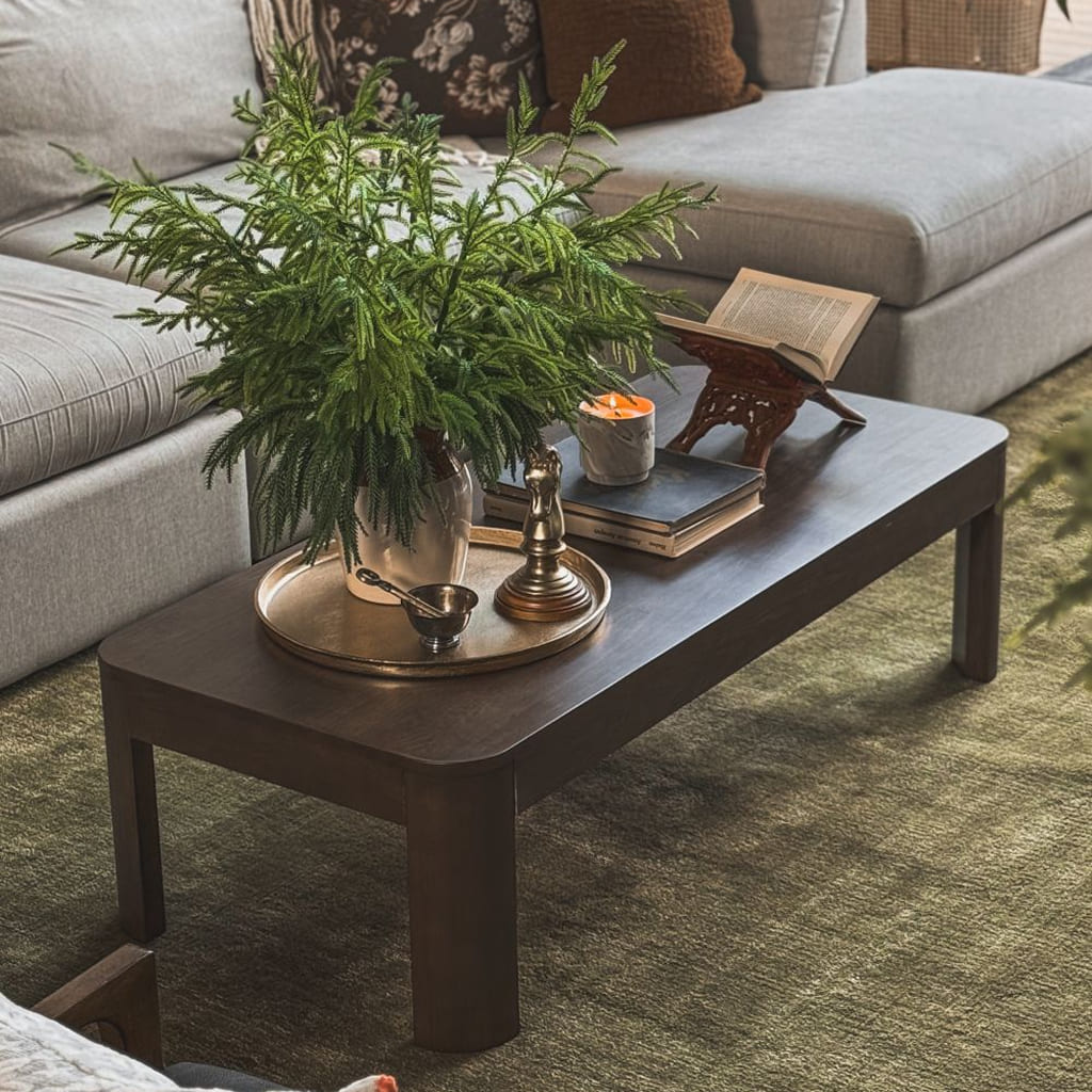 Dark wooden coffee table with decorative items including a plant, books, and a candle in a living room setting.