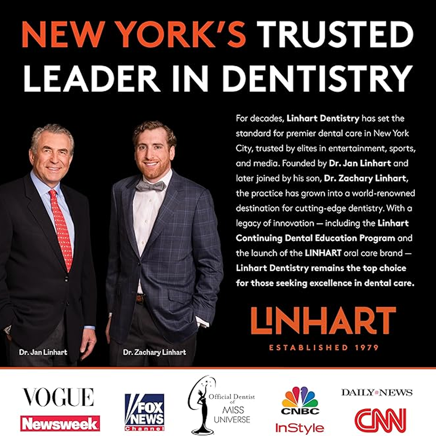 Two men in suits with text about Linhart Dentistry, featuring logos of various media outlets.