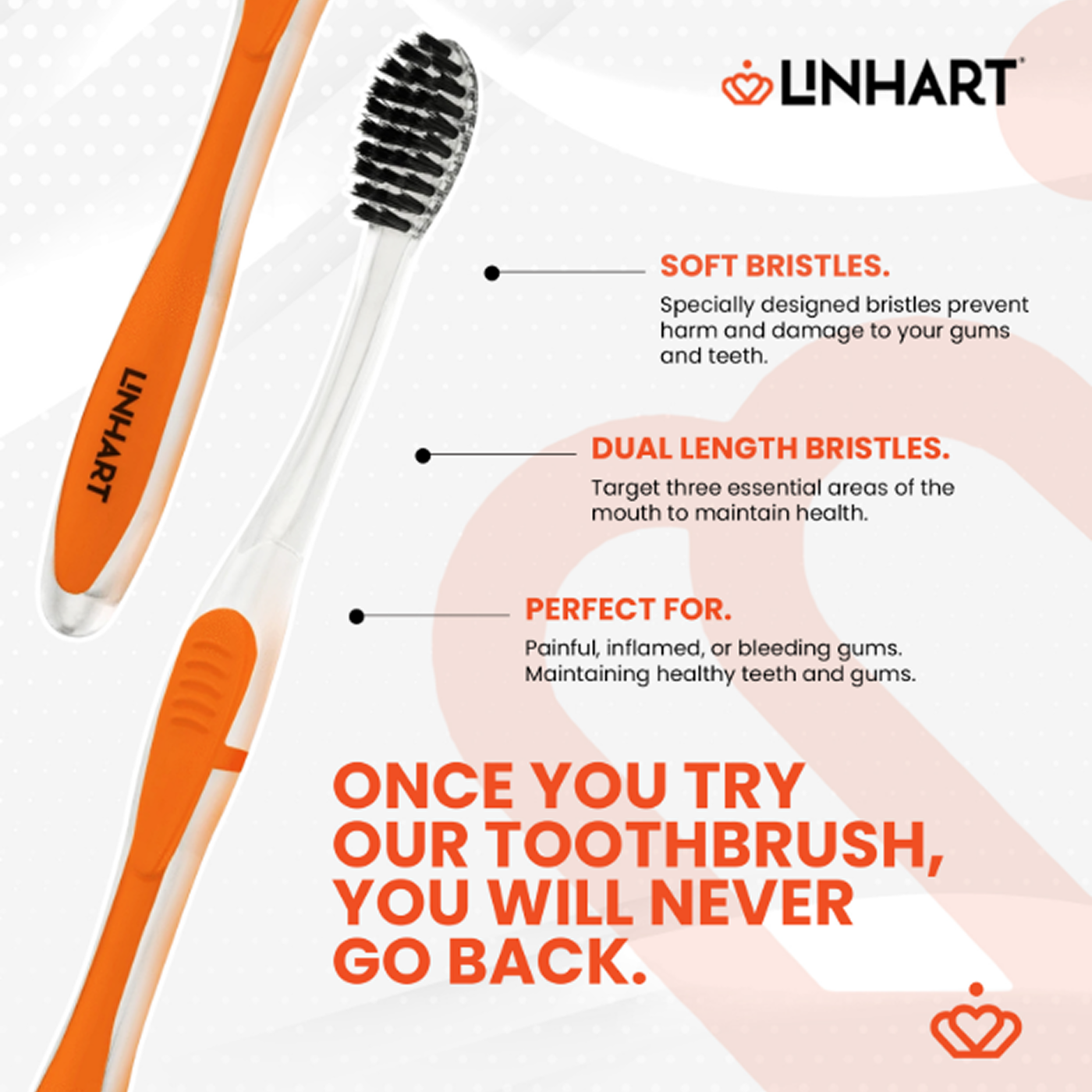 Orange and white toothbrush with text highlighting features and benefits.