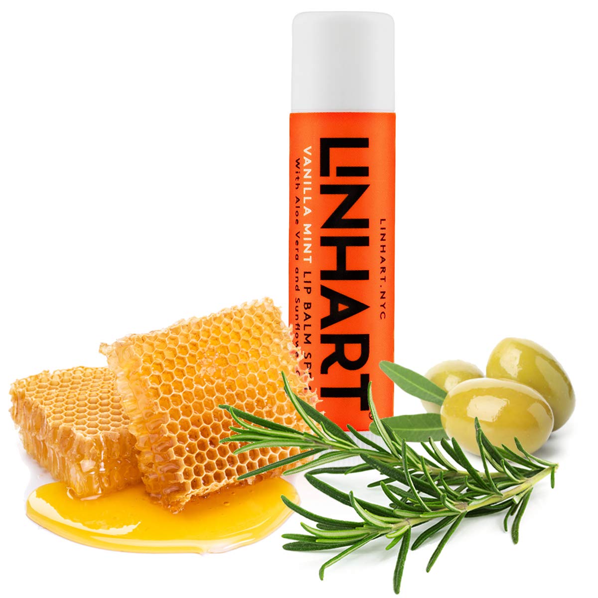 Orange lip balm with honeycomb, rosemary, and olives.