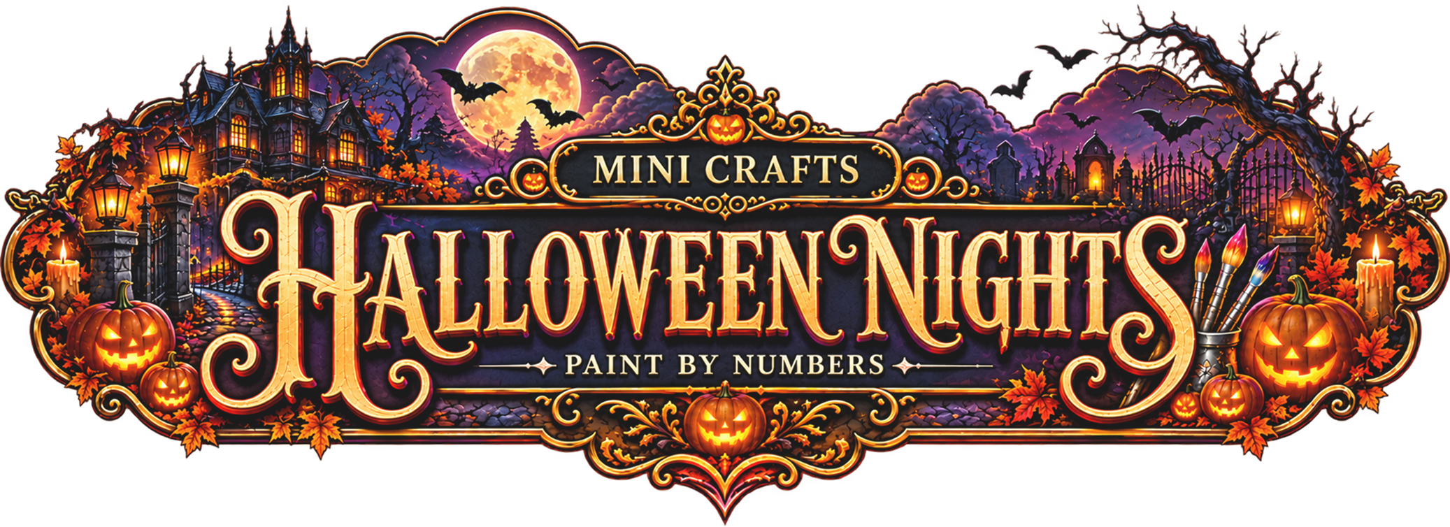 The 'Mini Crafts Halloween Nights Paint by Numbers' logo with a haunted house, moon, and jack-o'-lanterns.