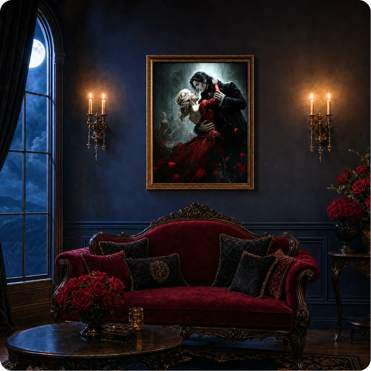 An ornate gothic room with a red velvet sofa and a framed painting of a vampire couple.
