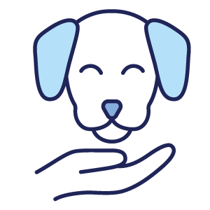 Illustration of a smiling dog face above an open hand.