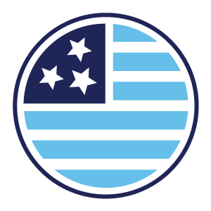 Blue and white circular flag design with stars and stripes.
