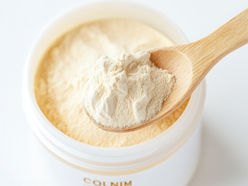 Wooden spoon scooping yellow powder from a container.