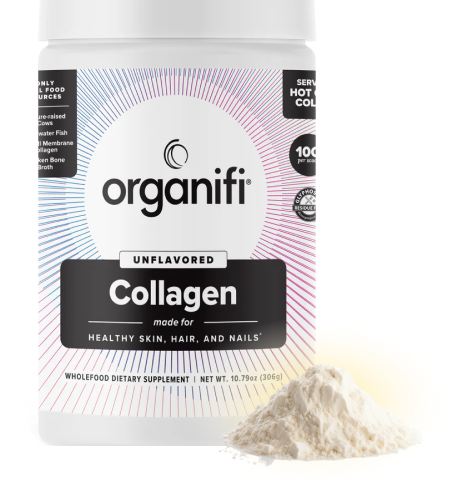 A container of Organifi unflavored collagen powder for healthy skin, hair, and nails.
