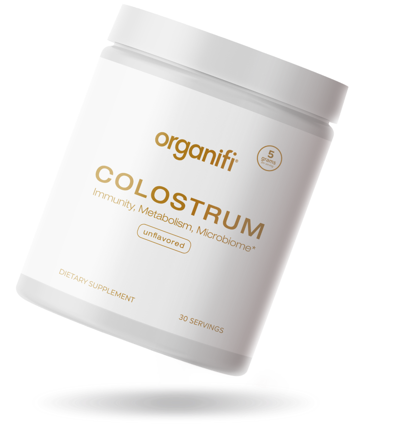 Organifi Colostrum dietary supplement container emphasizing immunity, metabolism, and microbiome support.