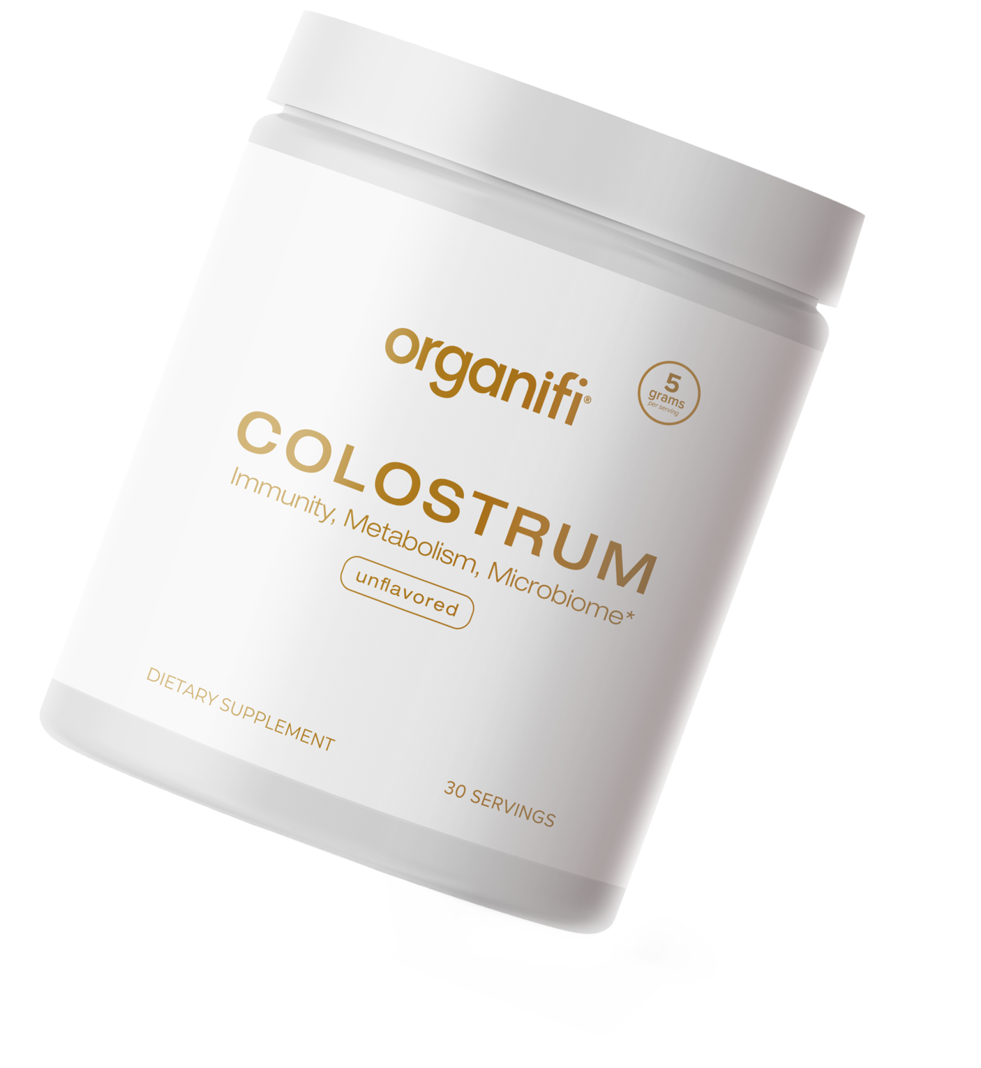 Organifi Colostrum supplement jar, promoting immunity, metabolism, and microbiome health, labeled unflavored.
