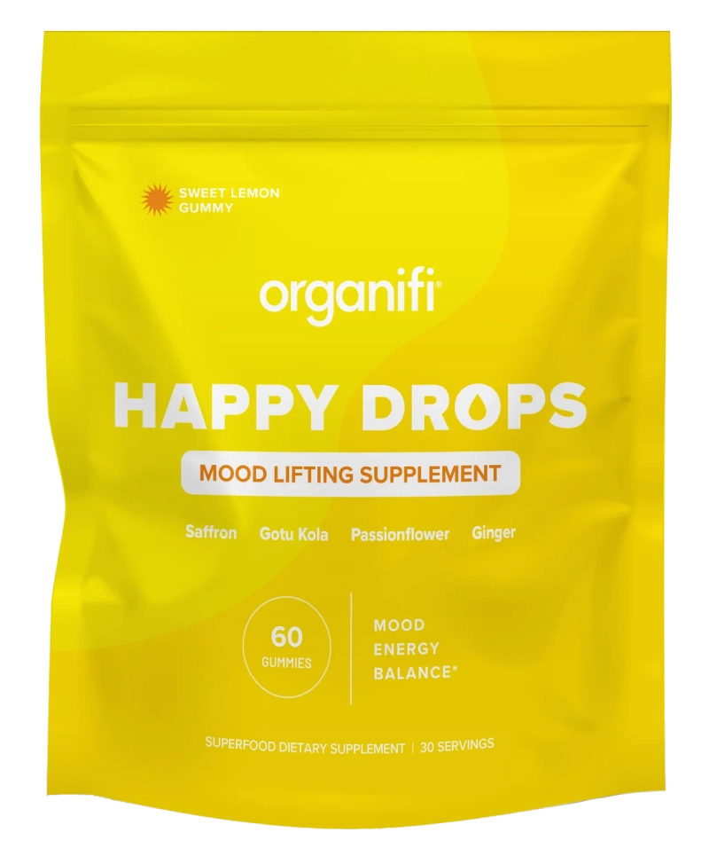 Yellow package of Organifi Happy Drops mood lifting supplement.