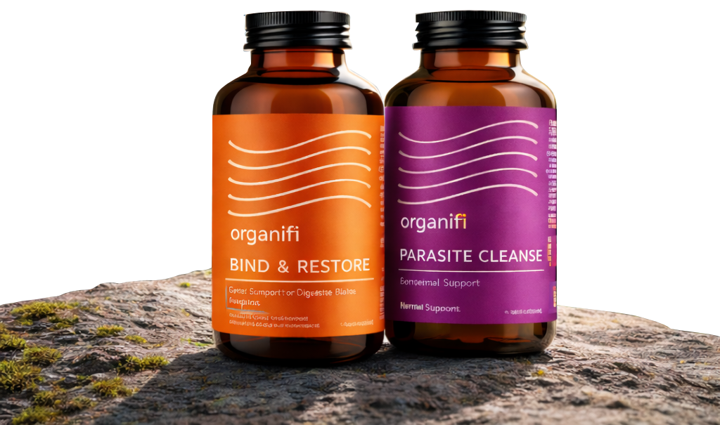 Two bottles of Organifi supplements, Bind & Restore and Parasite Cleanse, sitting on a mossy rock.