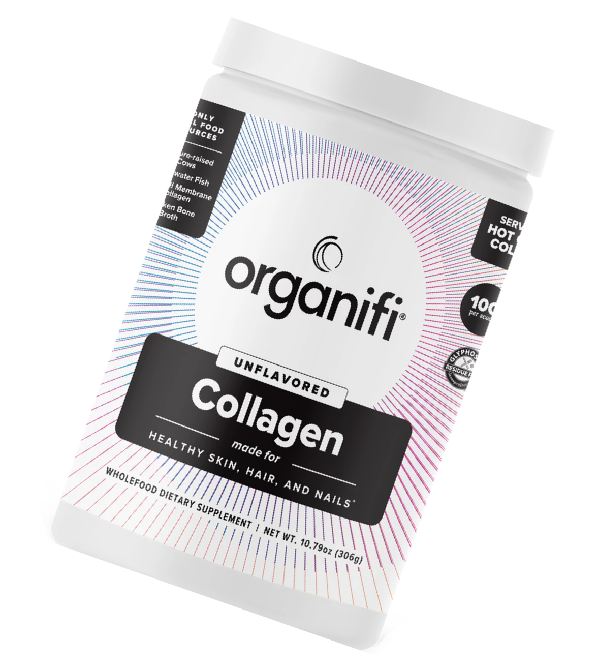 Container of Organifi unflavored collagen supplement for skin, hair, and nails.