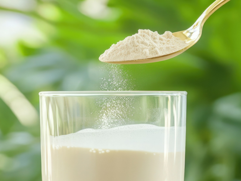 Spoon with white powder above a glass of milk against a green background.