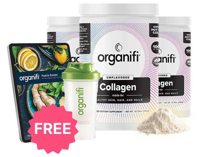 Organifi collagen containers, shaker bottle, recipe book, and powder with 'FREE' label.