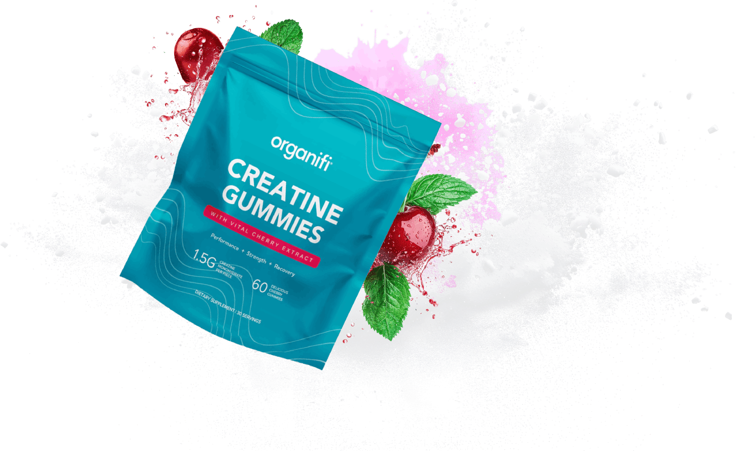 Blue package of creatine gummies with cherries and mint leaves.