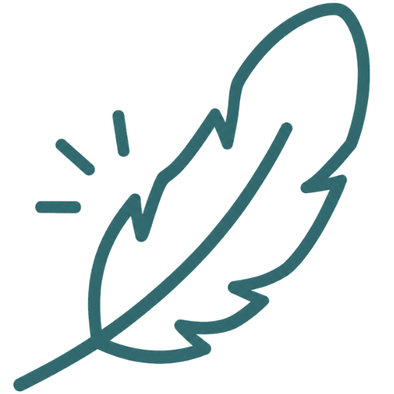 A simple, teal line-drawing of a feather on a white background.