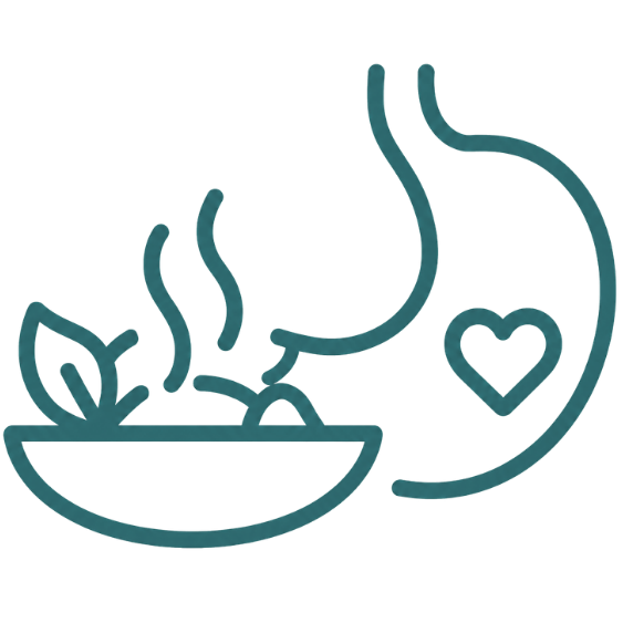 A line drawing icon of a steaming bowl of food next to a stomach with a heart inside it.