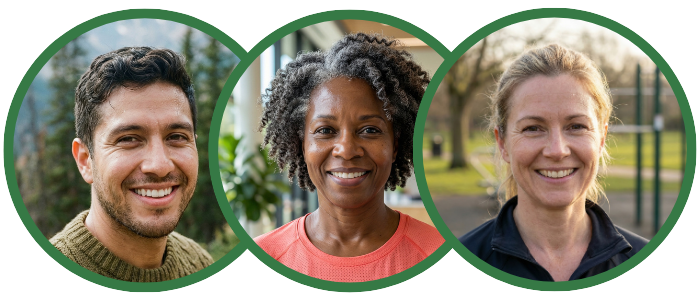 Three people smiling in individual circular frames.