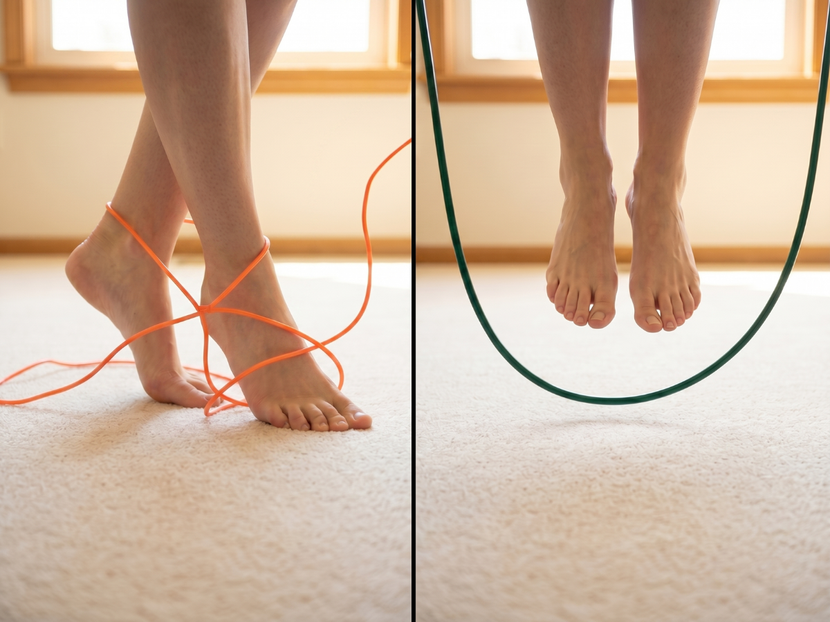 A diptych showing feet tangled in an orange cord and feet jumping over a green jump rope.