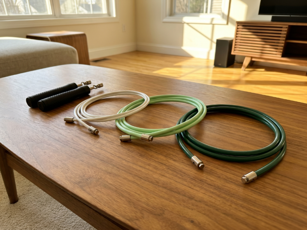A jump rope set with two handles and three interchangeable ropes in various colors on a wooden table.