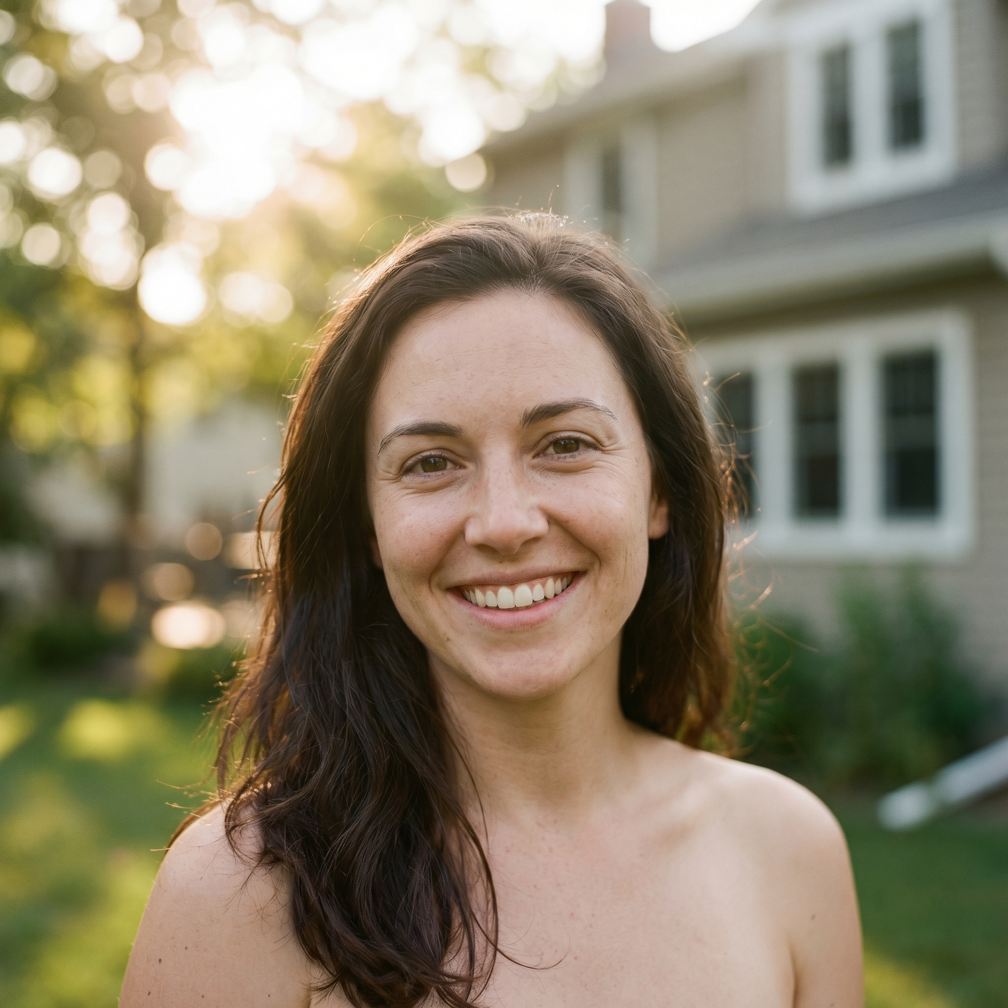 A woman with long dark hair smiles at the camera while standing outside in a yard.
