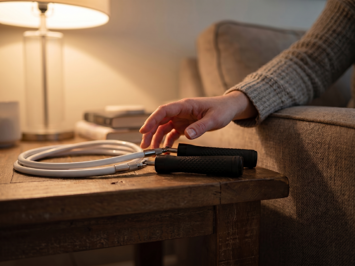 A person's hand reaches for a white jump rope with black handles on a wooden end table.