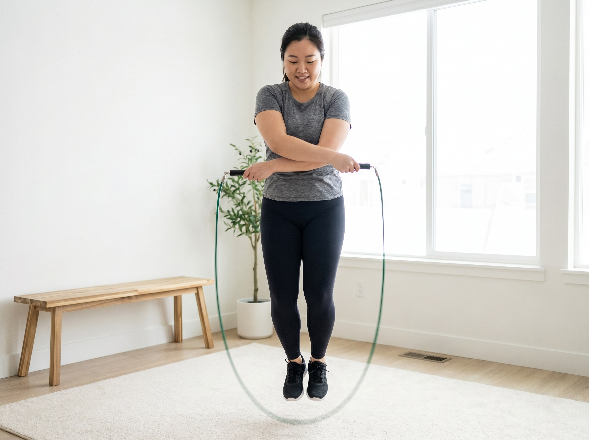 A woman in athletic clothes jumping rope with her arms crossed inside a brightly lit room.