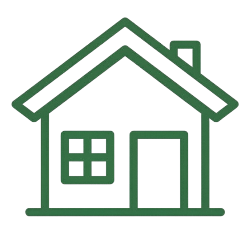 Simple green outline of a house with a chimney, door, and window.
