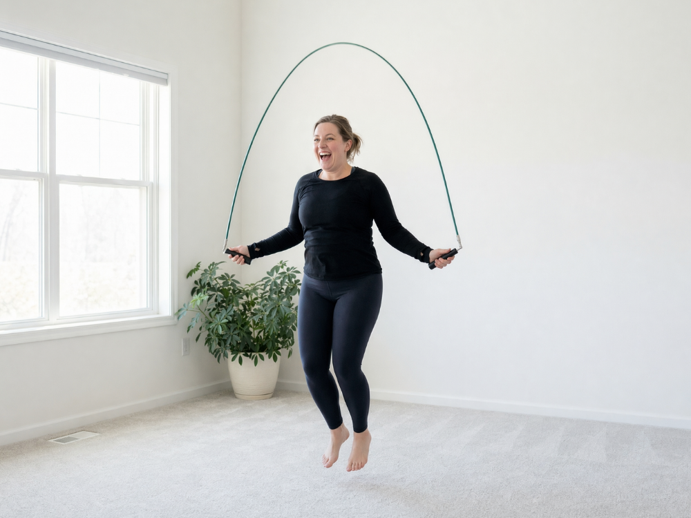 A smiling woman in black athletic wear jumps rope barefoot in a brightly lit room.