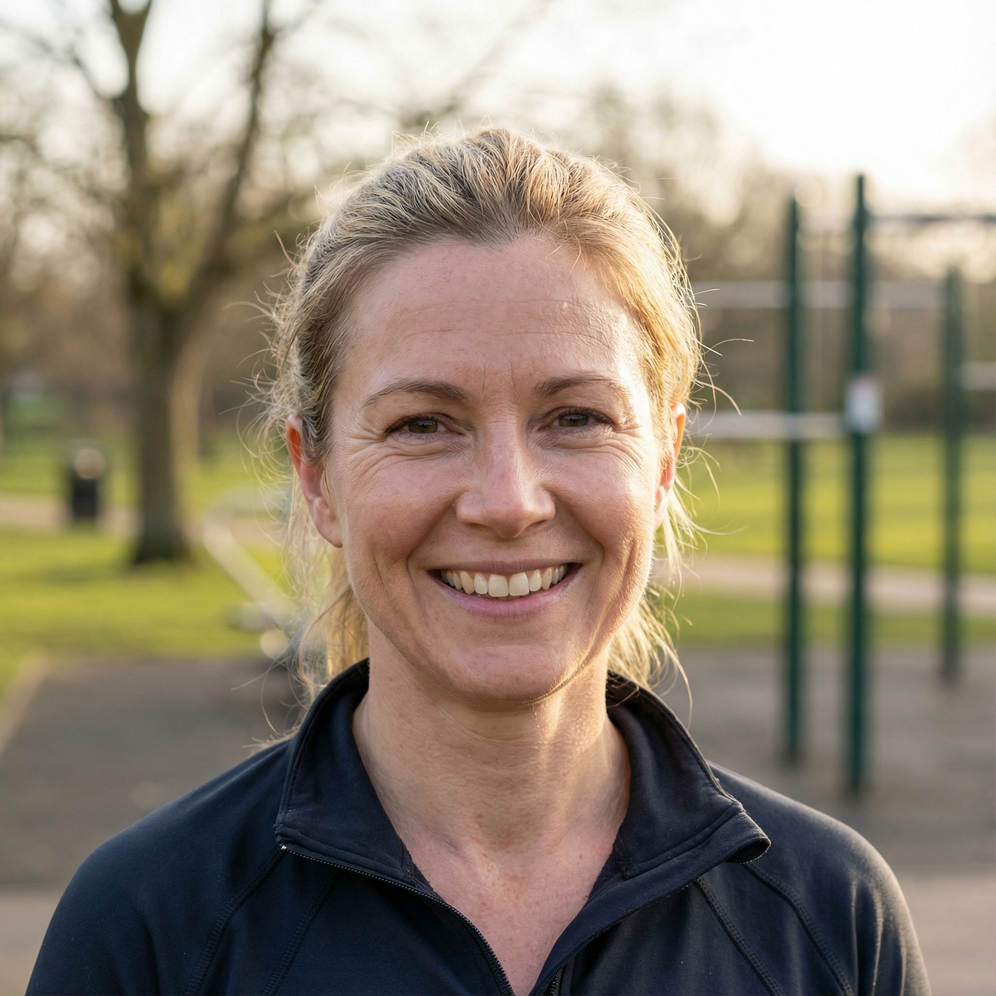 A smiling blonde woman wearing a black zip-up jacket stands in a park.
