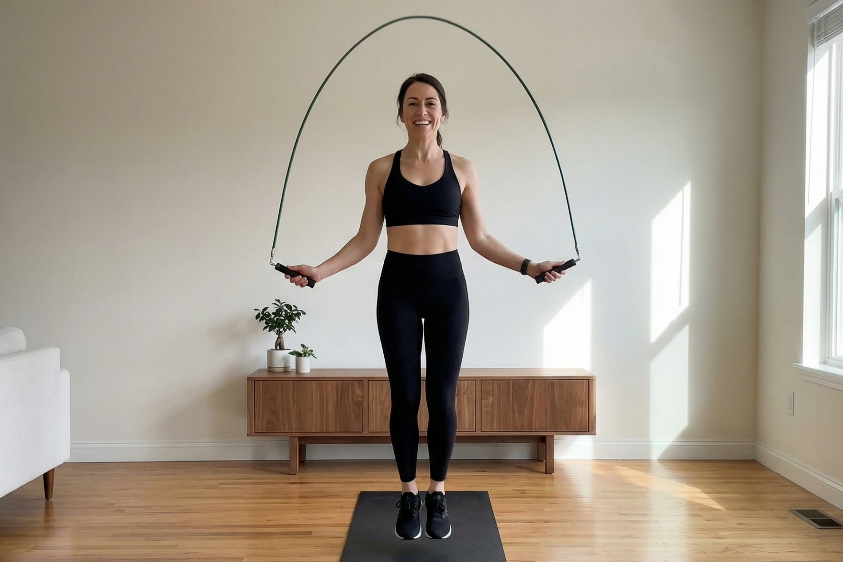 Person exercising with a jump rope in a bright room with plants and wooden furniture.